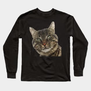 Charming Brown Tabby Cat Black Outline Art Cut Out Long Sleeve T-Shirt